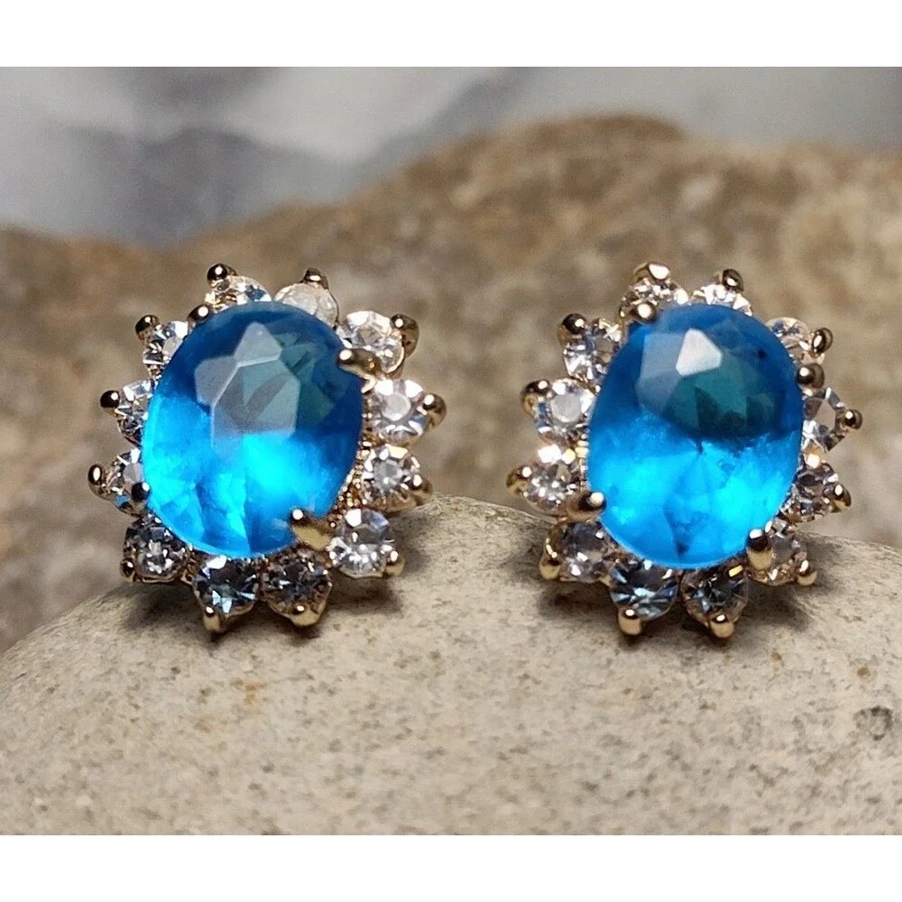 18K GP Gold Plated CZ Blue Earrings